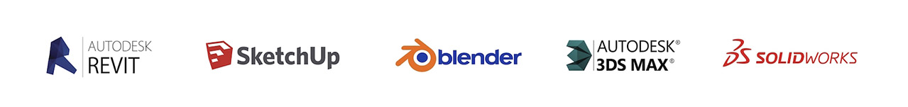 Logos de software de diseño 3D en una fila que incluye Autodesk Revit, SketchUp, Blender, Autodesk 3DS Max y SolidWorks